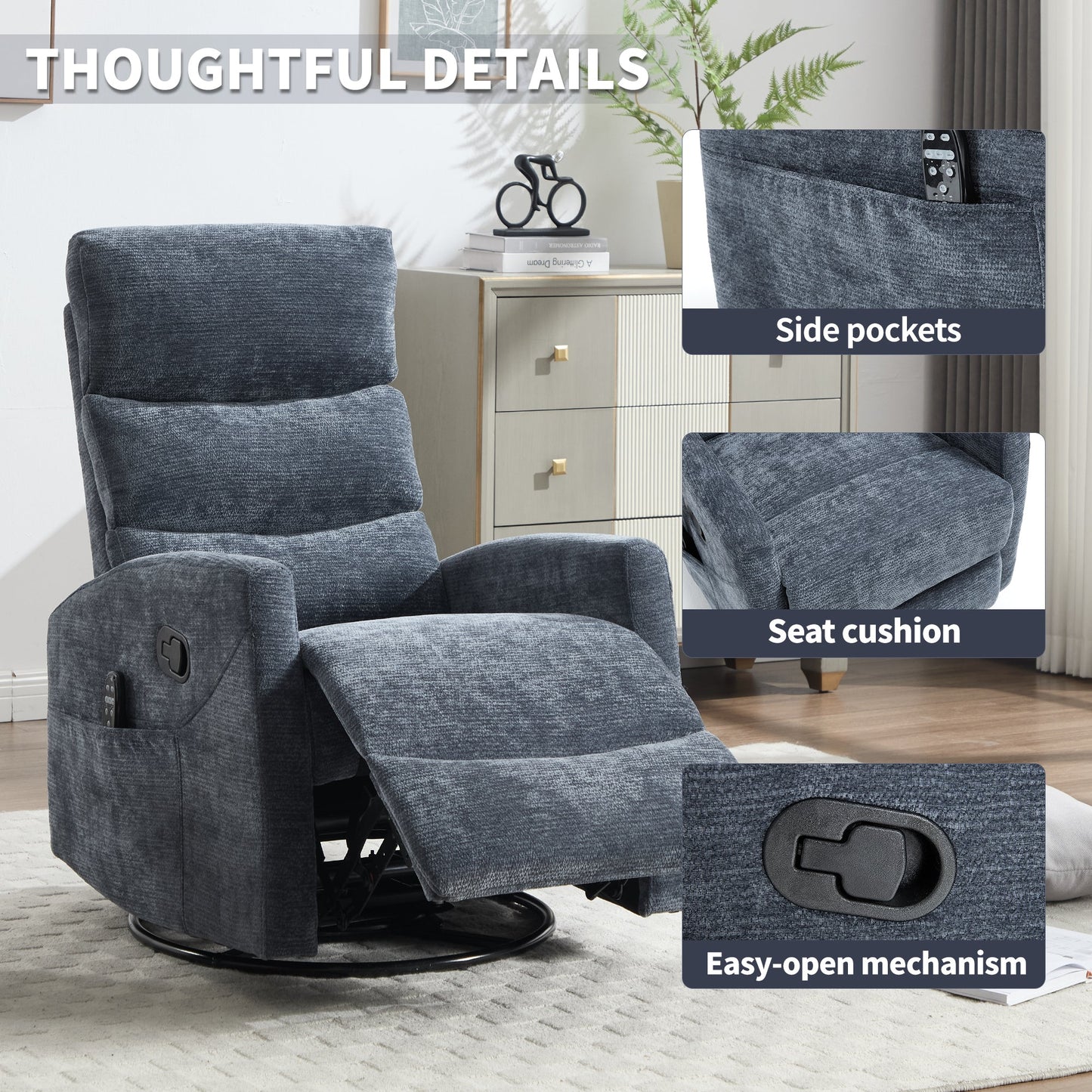 Heat Massage Manual Recliner Chair with Rocker and Swivel in Fabric for Living Room, Blue - 1st Choice Furniture Direct
