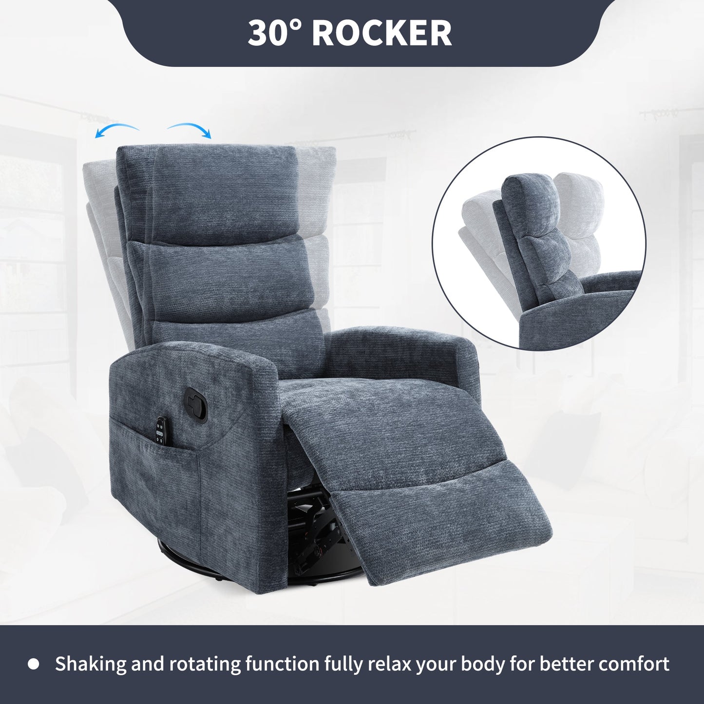 Heat Massage Manual Recliner Chair with Rocker and Swivel in Fabric for Living Room, Blue - 1st Choice Furniture Direct