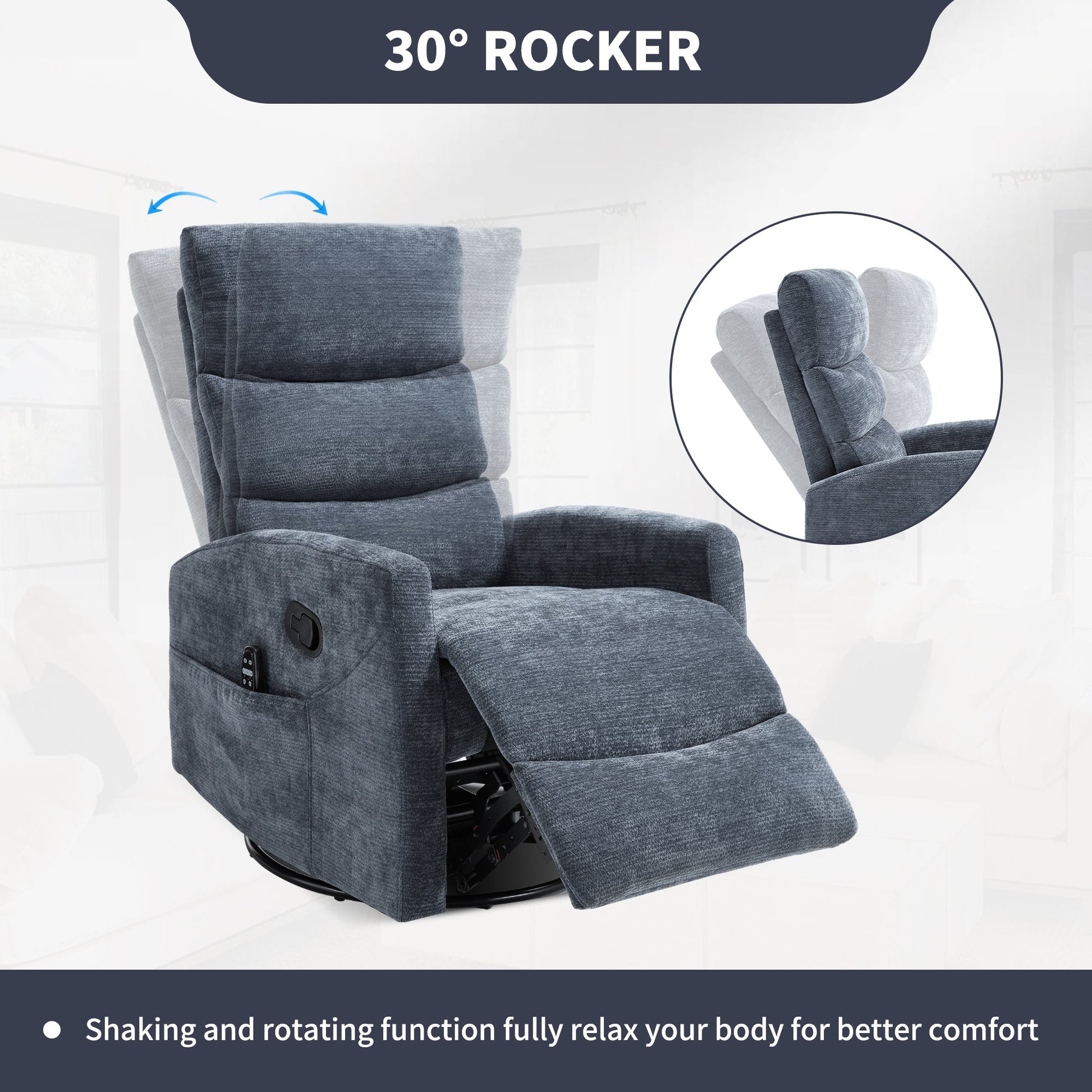 Heat Massage Manual Recliner Chair with Rocker and Swivel in Fabric for Living Room, Blue - 1st Choice Furniture Direct