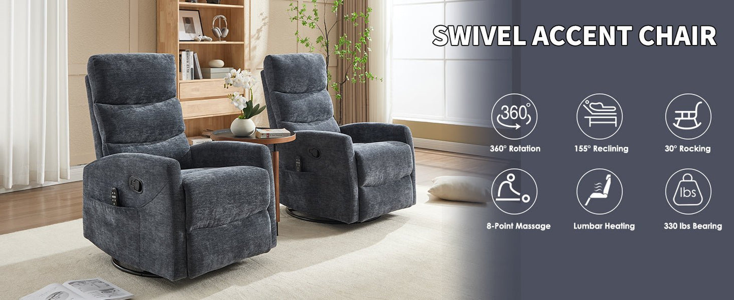Heat Massage Manual Recliner Chair with Rocker and Swivel in Fabric for Living Room, Blue - 1st Choice Furniture Direct