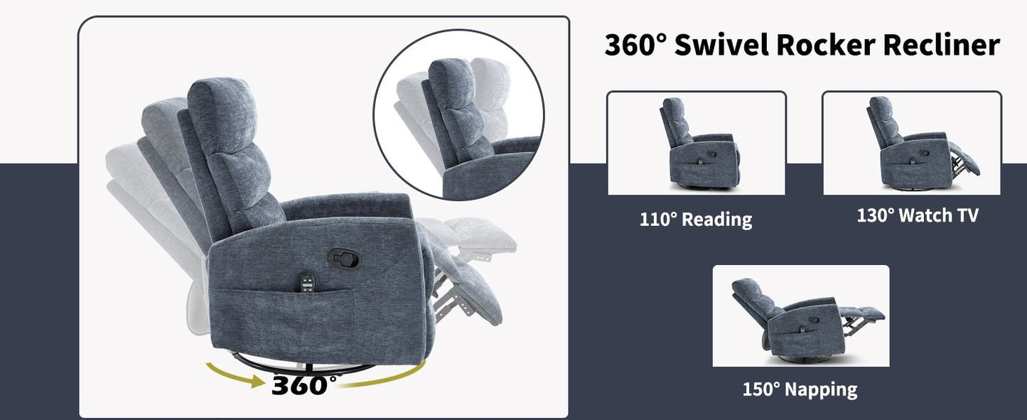 Heat Massage Manual Recliner Chair with Rocker and Swivel in Fabric for Living Room, Blue - 1st Choice Furniture Direct