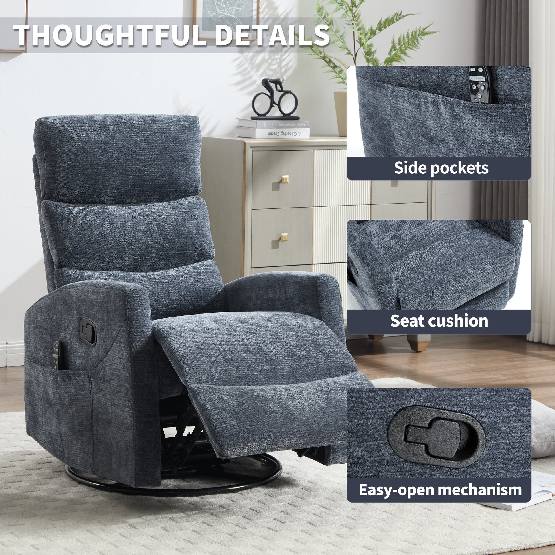 Heat Massage Manual Recliner Chair with Rocker and Swivel in Fabric for Living Room, Blue - 1st Choice Furniture Direct