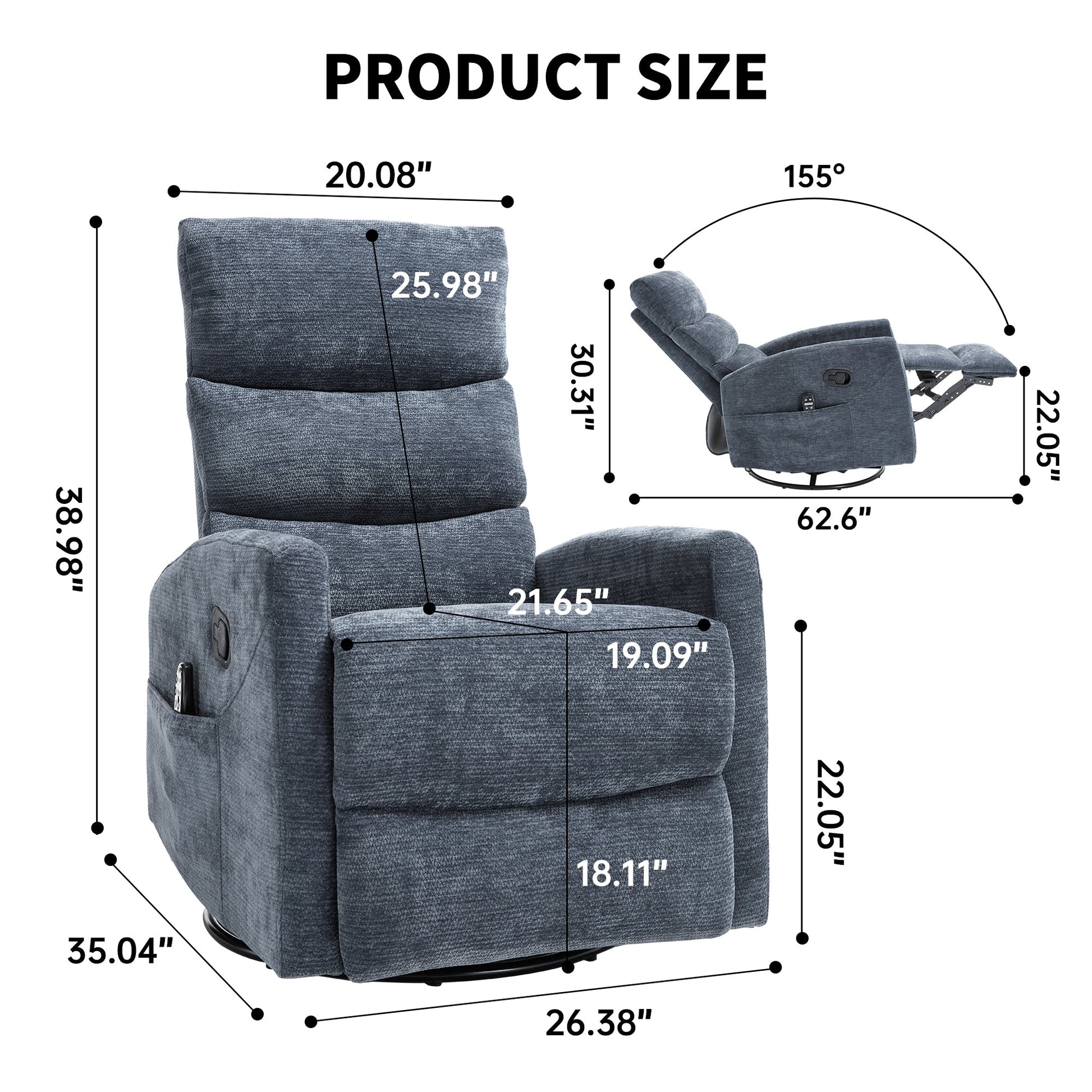Heat Massage Manual Recliner Chair with Rocker and Swivel in Fabric for Living Room, Blue - 1st Choice Furniture Direct