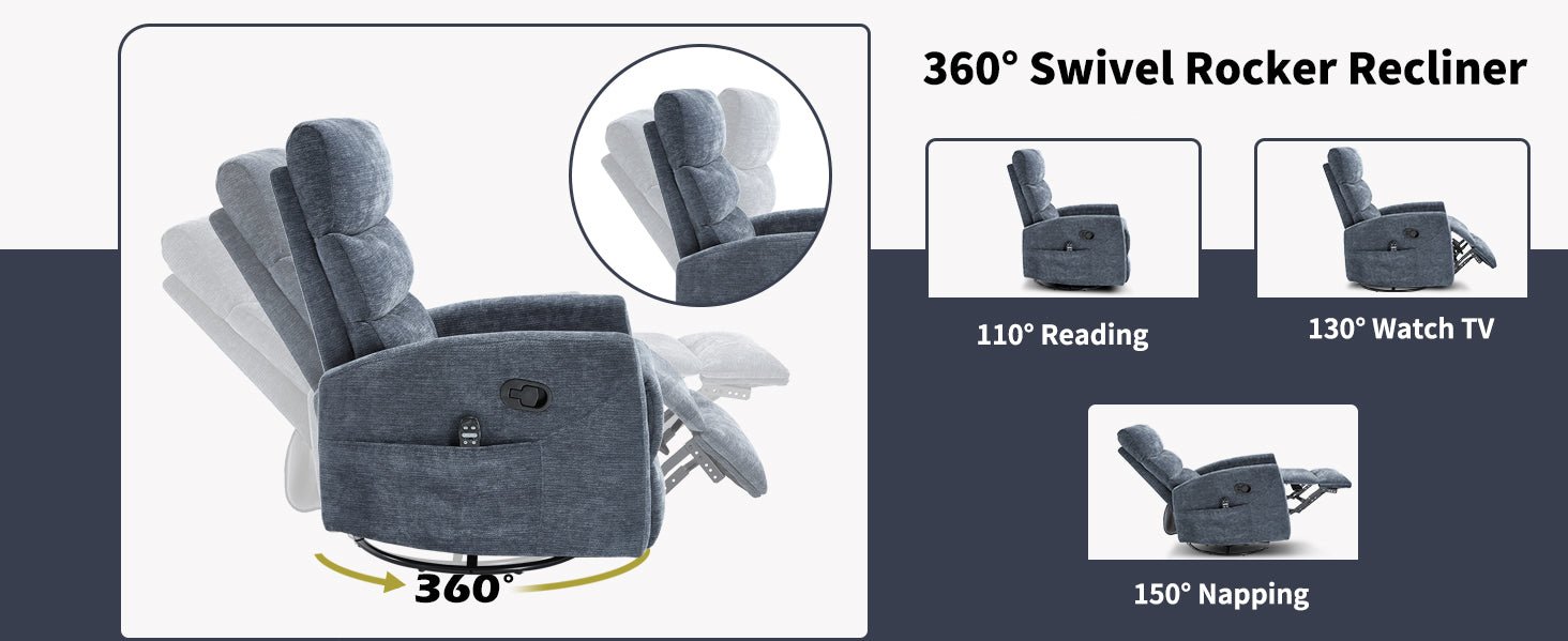 Heat Massage Manual Recliner Chair with Rocker and Swivel in Fabric for Living Room, Blue - 1st Choice Furniture Direct