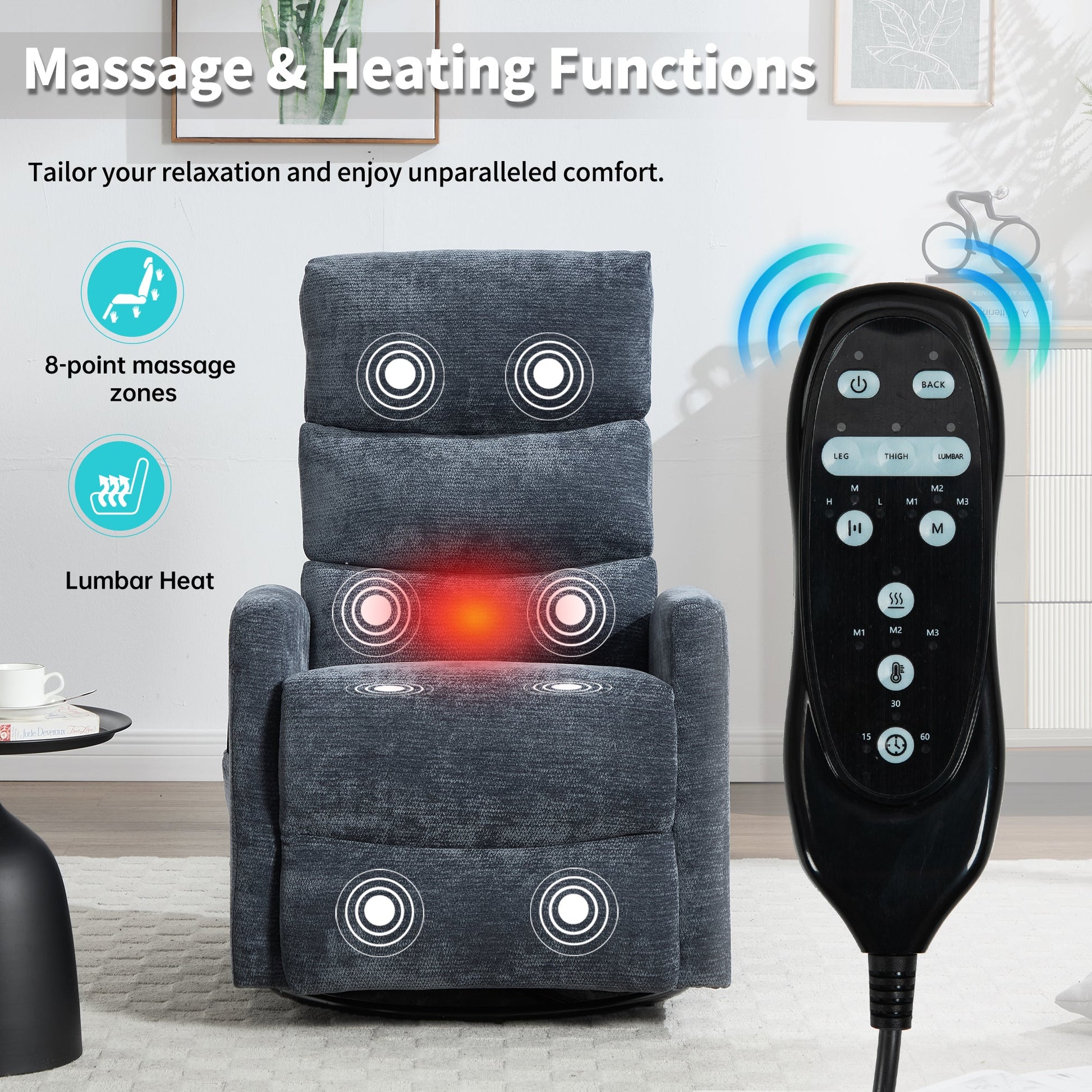 Heat Massage Manual Recliner Chair with Rocker and Swivel in Fabric for Living Room, Blue - 1st Choice Furniture Direct