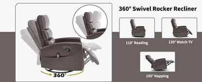 Heat Massage Manual Recliner Chair with Rocker and Swivel in Fabric for Living Room, Brown - 1st Choice Furniture Direct