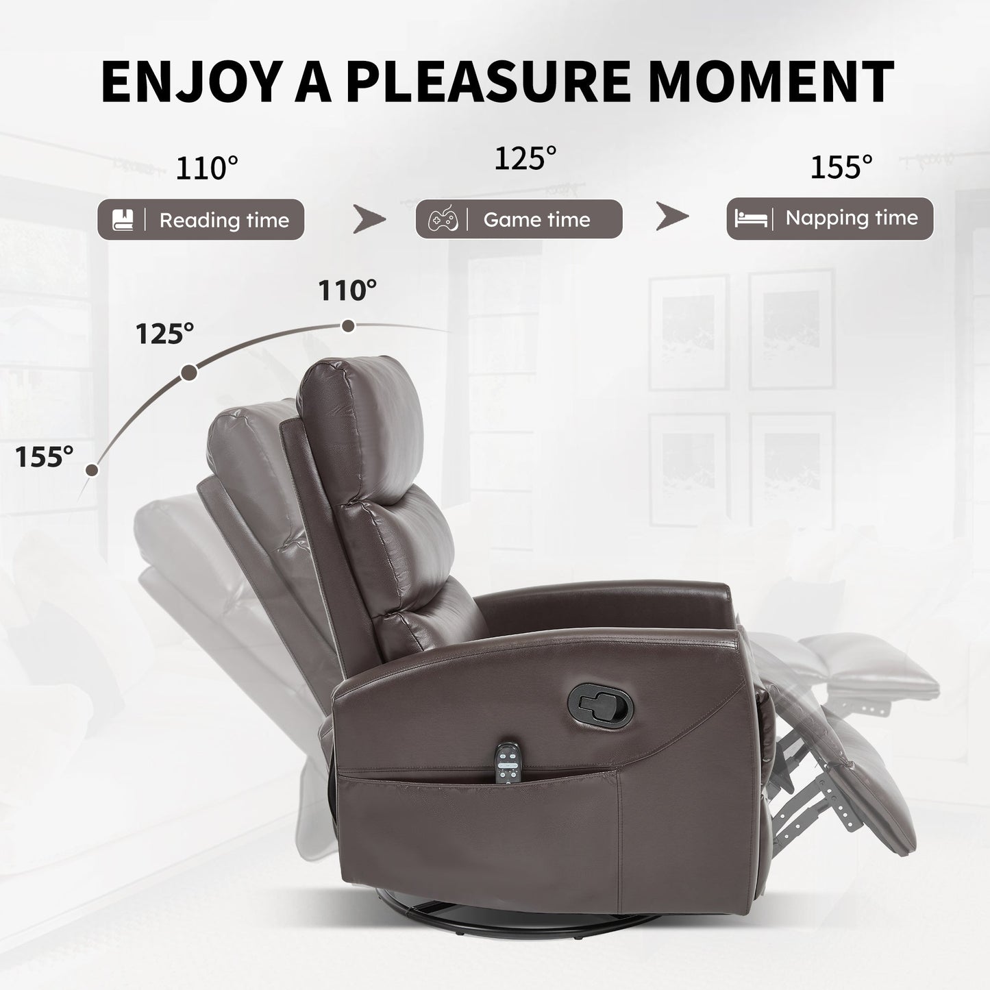 Heat Massage Manual Recliner Chair with Rocker and Swivel in Fabric for Living Room, Brown - 1st Choice Furniture Direct