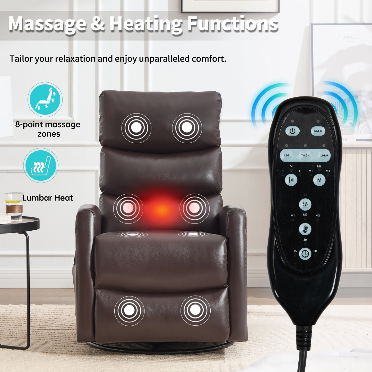 Heat Massage Manual Recliner Chair with Rocker and Swivel in Fabric for Living Room, Brown - 1st Choice Furniture Direct