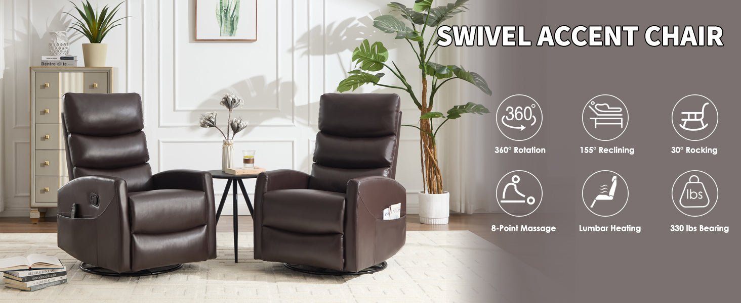 Heat Massage Manual Recliner Chair with Rocker and Swivel in Fabric for Living Room, Brown - 1st Choice Furniture Direct