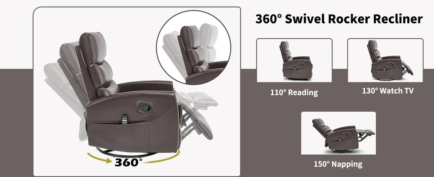Heat Massage Manual Recliner Chair with Rocker and Swivel in Fabric for Living Room, Brown - 1st Choice Furniture Direct