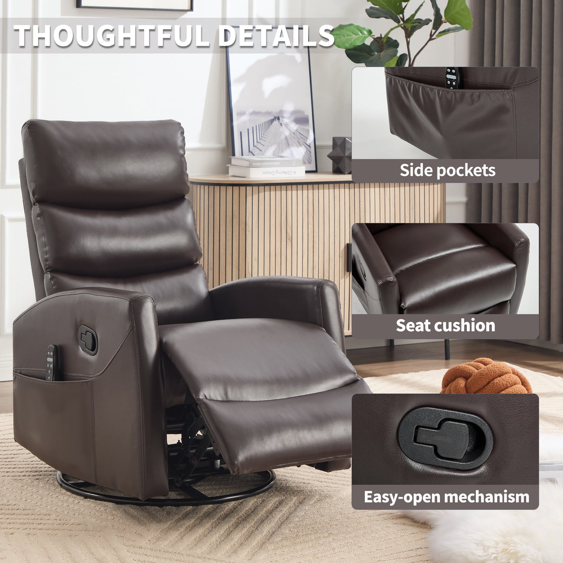 Heat Massage Manual Recliner Chair with Rocker and Swivel in Fabric for Living Room, Brown - 1st Choice Furniture Direct