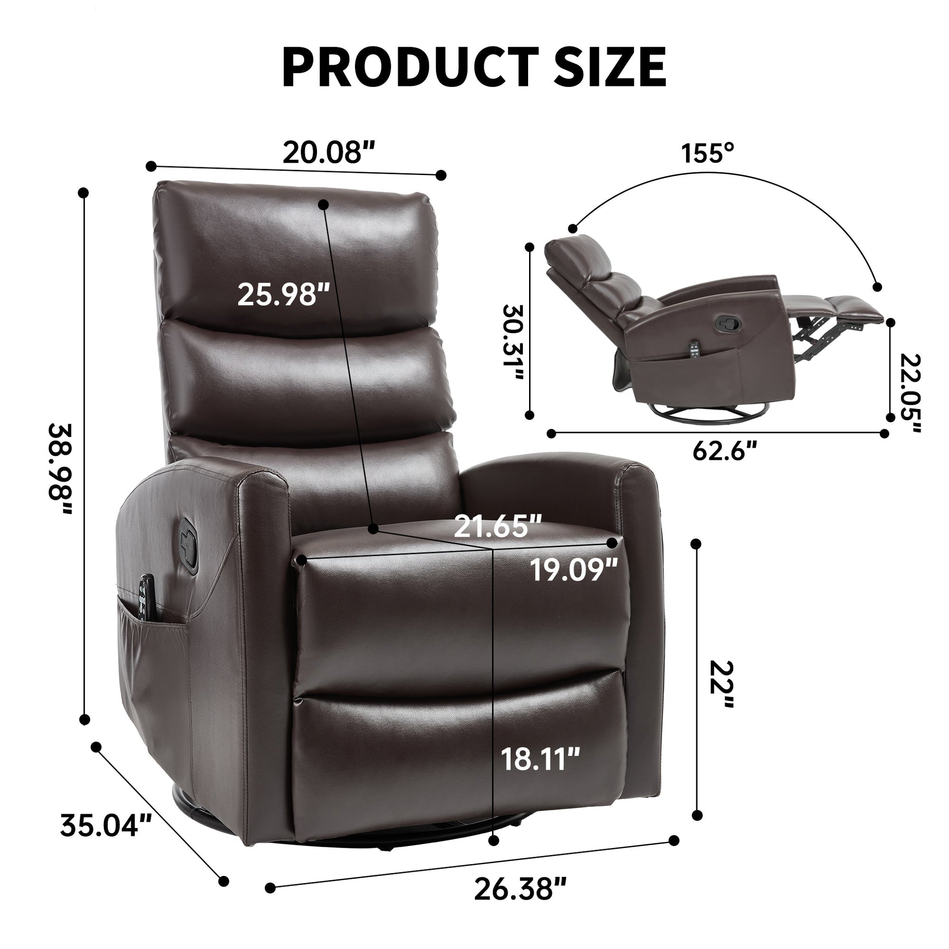 Heat Massage Manual Recliner Chair with Rocker and Swivel in Fabric for Living Room, Brown - 1st Choice Furniture Direct