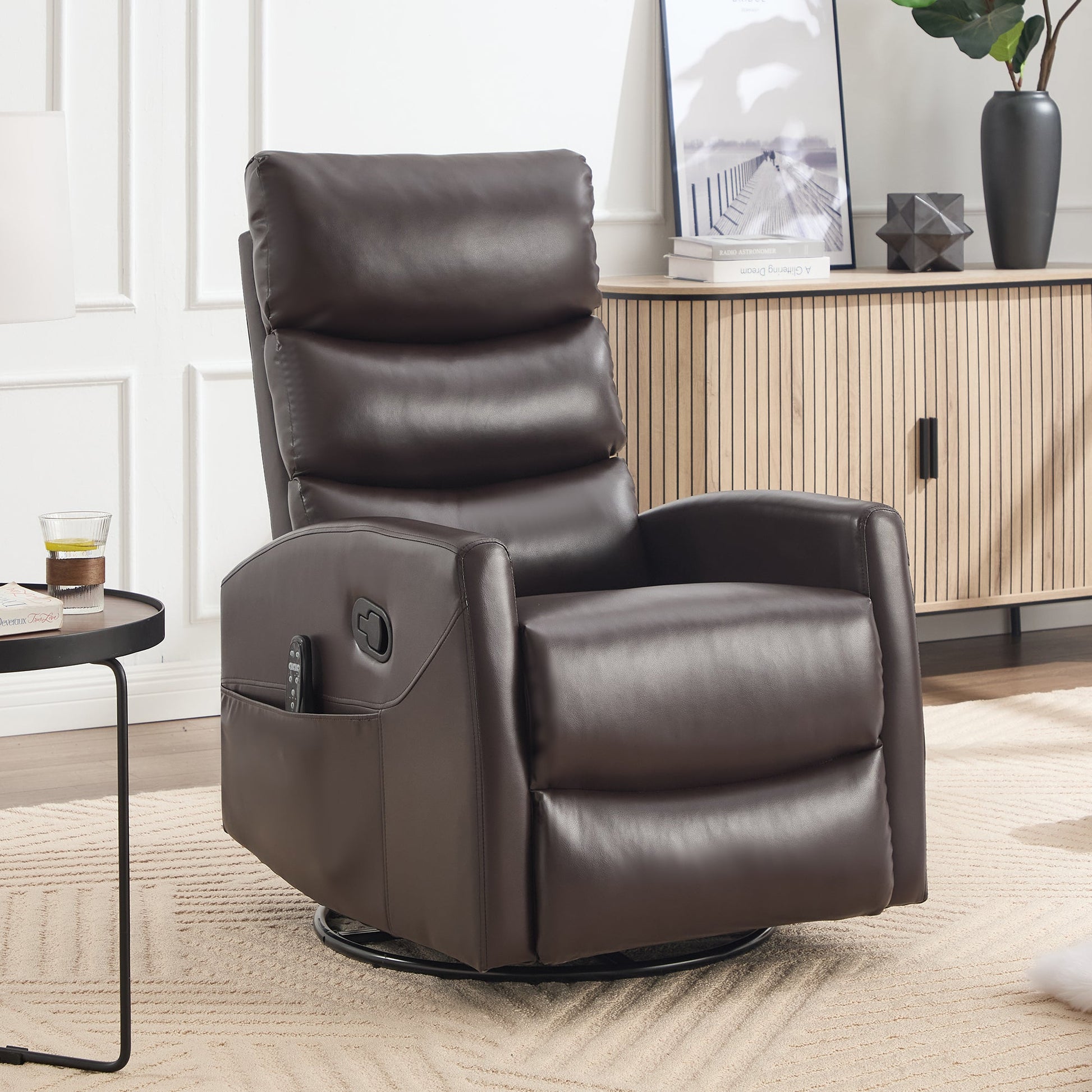 Heat Massage Manual Recliner Chair with Rocker and Swivel in Fabric for Living Room, Brown - 1st Choice Furniture Direct
