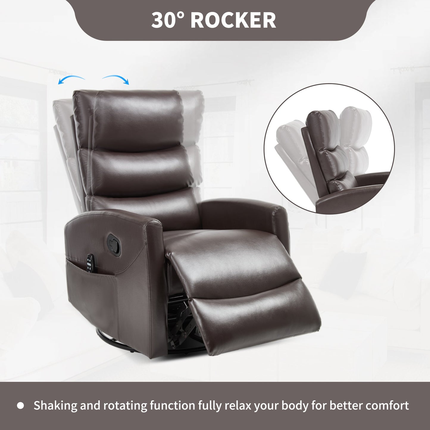 Heat Massage Manual Recliner Chair with Rocker and Swivel in Fabric for Living Room, Brown - 1st Choice Furniture Direct