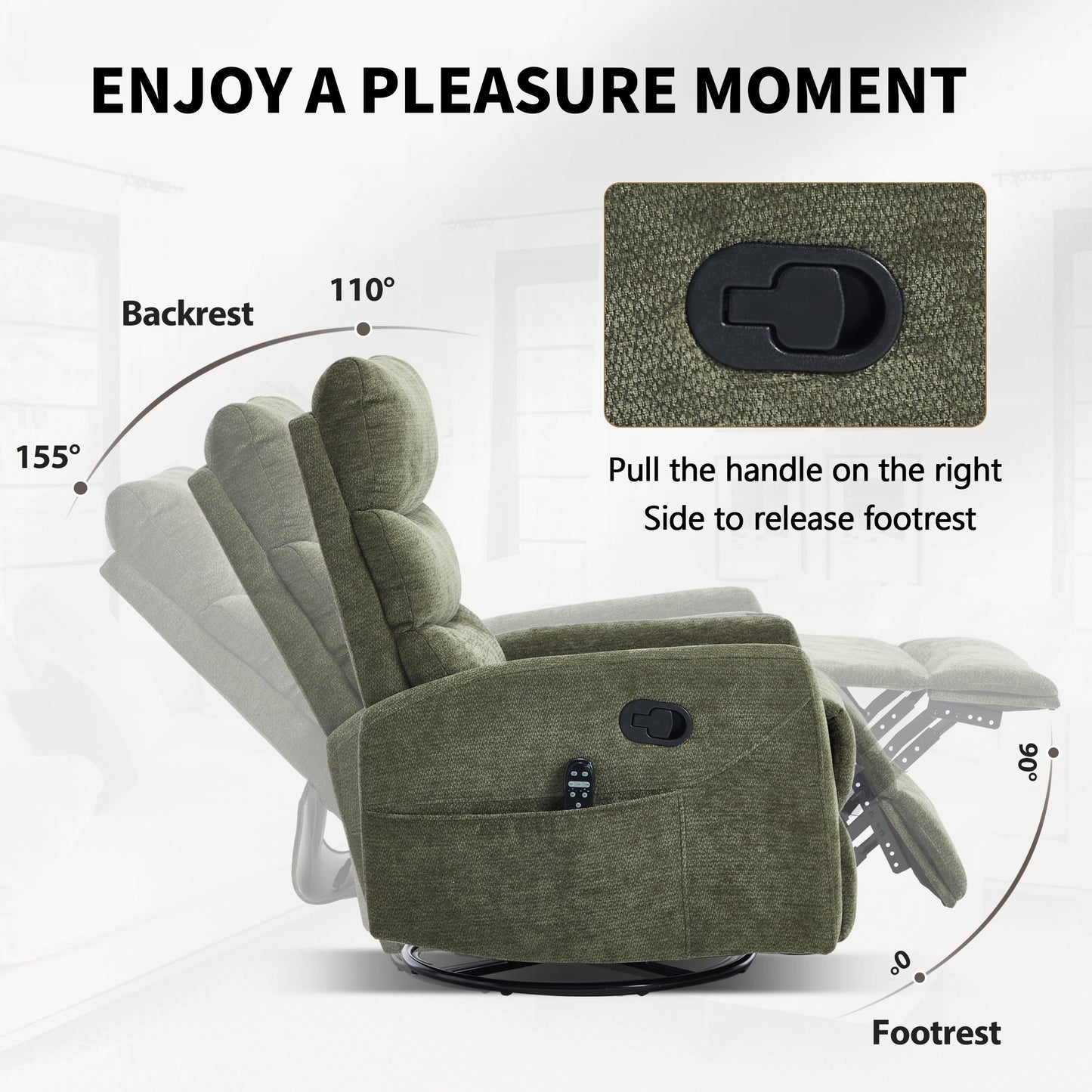 Heat Massage Manual Recliner Chair with Rocker and Swivel in Fabric for Living Room, Green - 1st Choice Furniture Direct