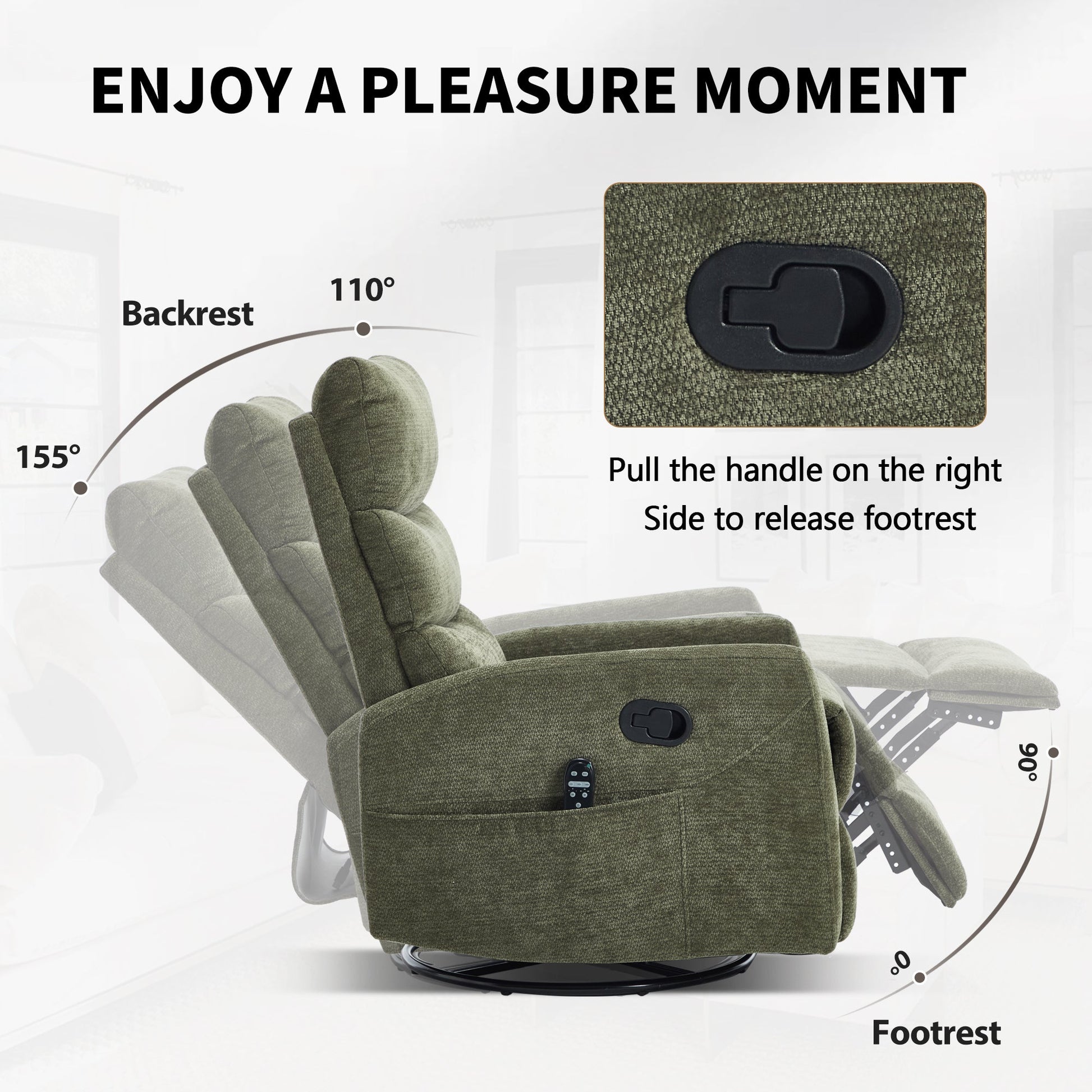 Heat Massage Manual Recliner Chair with Rocker and Swivel in Fabric for Living Room, Green - 1st Choice Furniture Direct