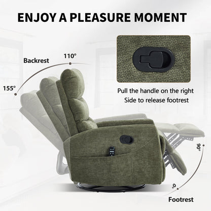 Heat Massage Manual Recliner Chair with Rocker and Swivel in Fabric for Living Room, Green - 1st Choice Furniture Direct
