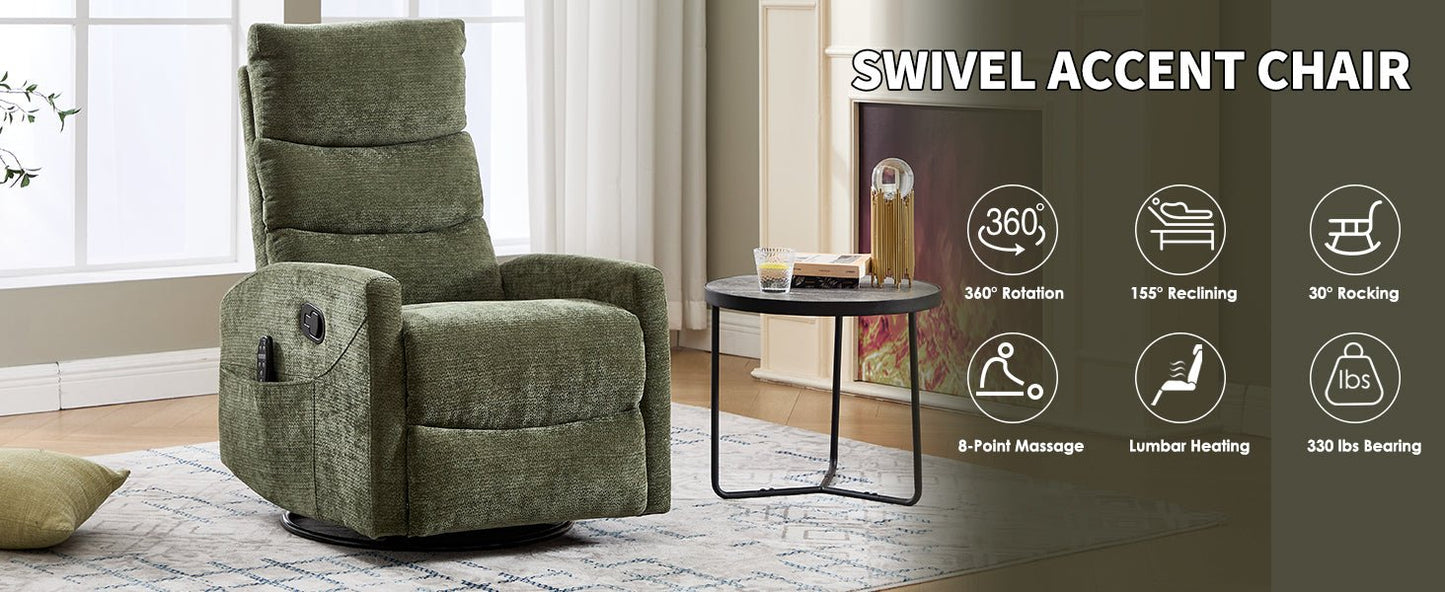 Heat Massage Manual Recliner Chair with Rocker and Swivel in Fabric for Living Room, Green - 1st Choice Furniture Direct