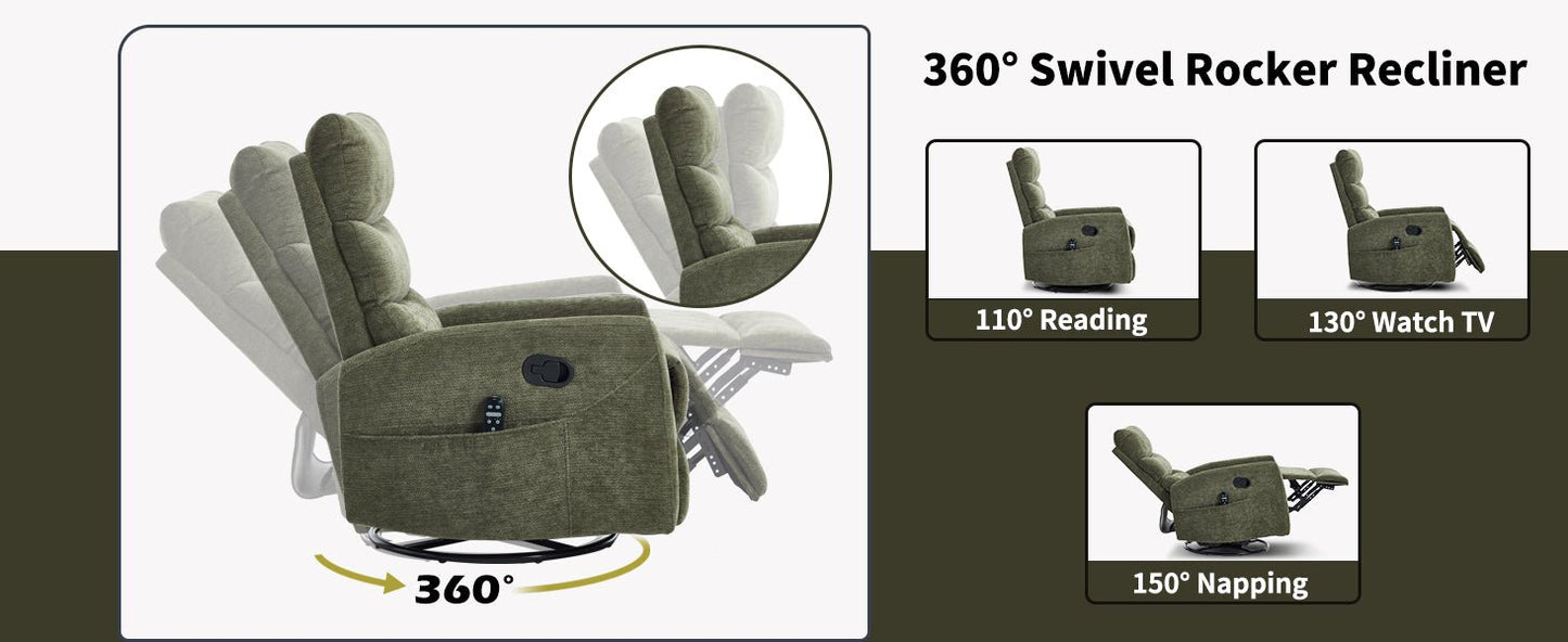 Heat Massage Manual Recliner Chair with Rocker and Swivel in Fabric for Living Room, Green - 1st Choice Furniture Direct