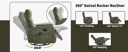 Heat Massage Manual Recliner Chair with Rocker and Swivel in Fabric for Living Room, Green - 1st Choice Furniture Direct