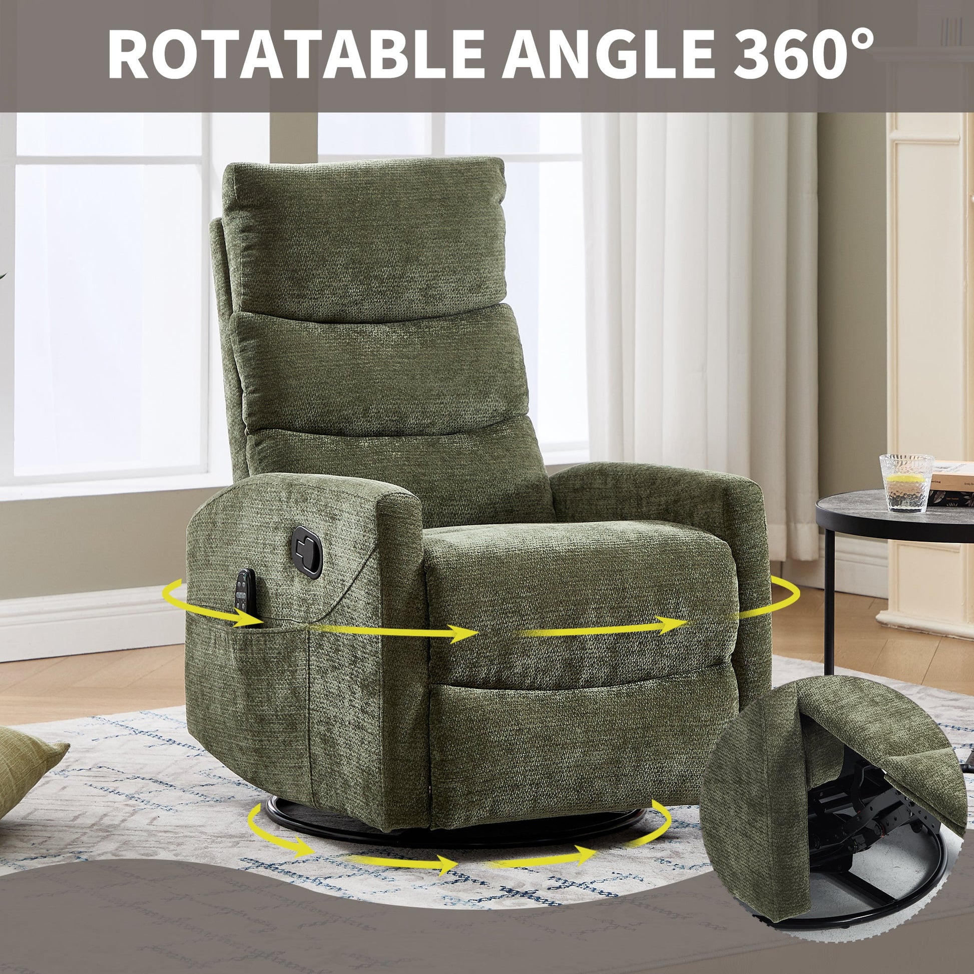 Heat Massage Manual Recliner Chair with Rocker and Swivel in Fabric for Living Room, Green - 1st Choice Furniture Direct