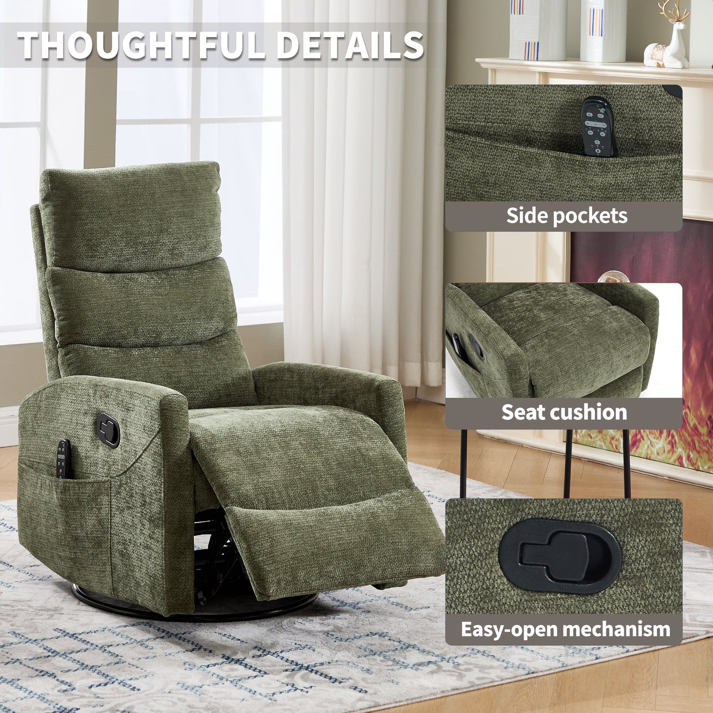 Heat Massage Manual Recliner Chair with Rocker and Swivel in Fabric for Living Room, Green - 1st Choice Furniture Direct