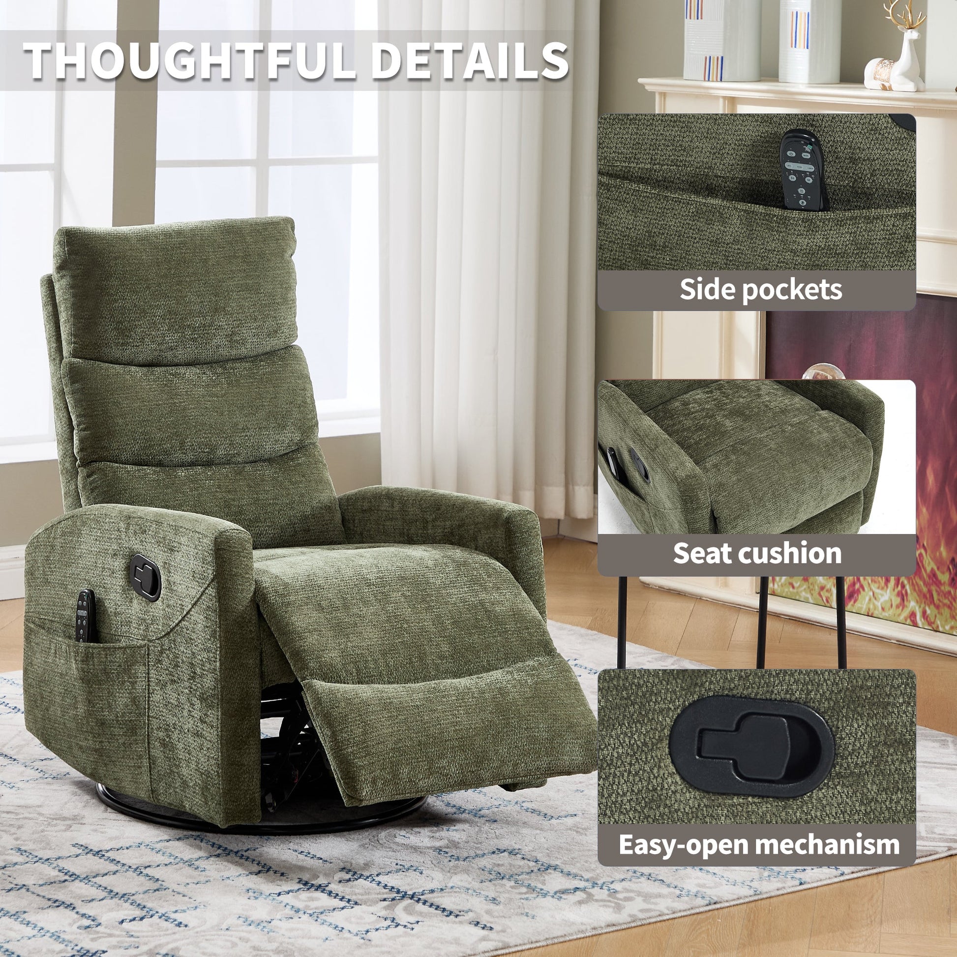 Heat Massage Manual Recliner Chair with Rocker and Swivel in Fabric for Living Room, Green - 1st Choice Furniture Direct