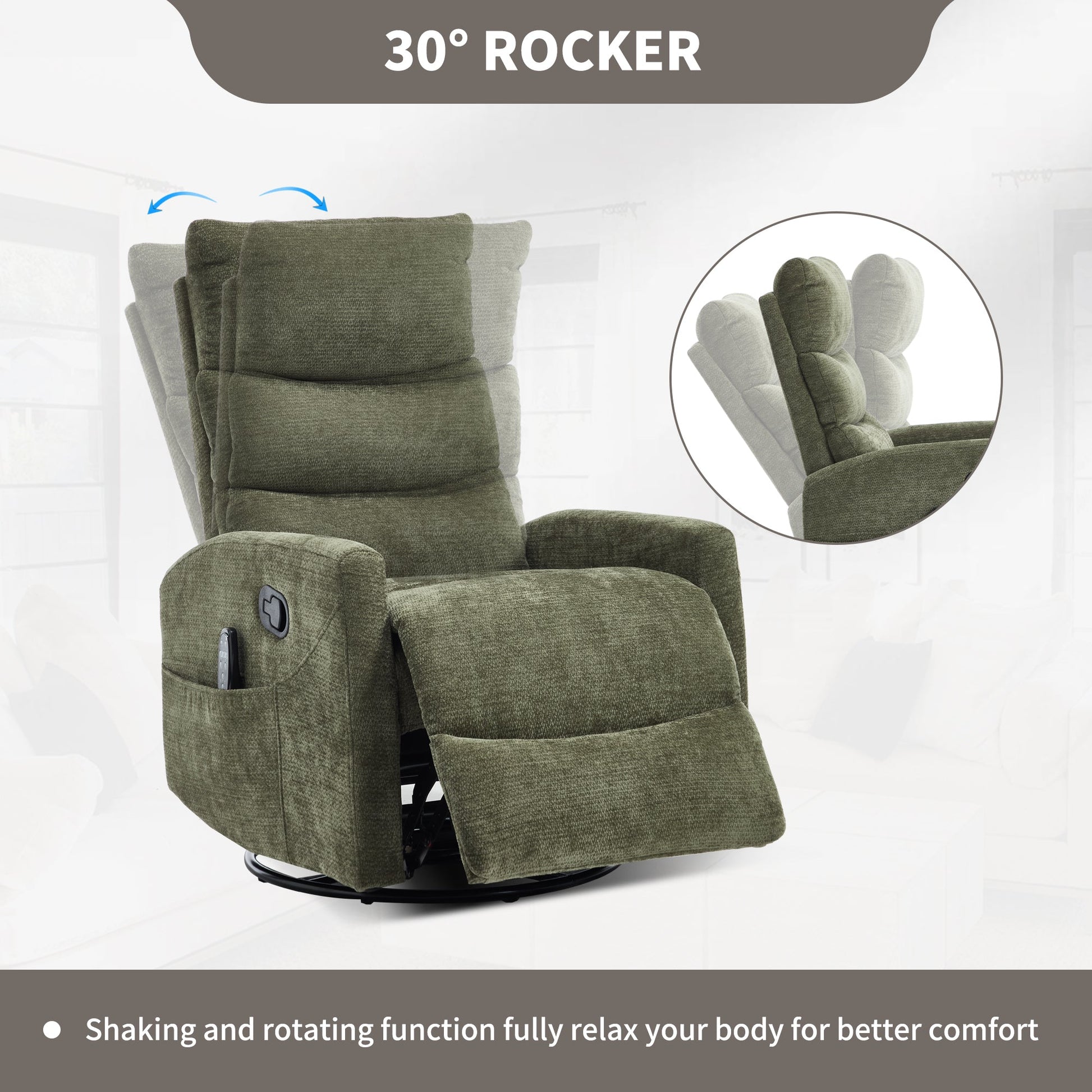 Heat Massage Manual Recliner Chair with Rocker and Swivel in Fabric for Living Room, Green - 1st Choice Furniture Direct