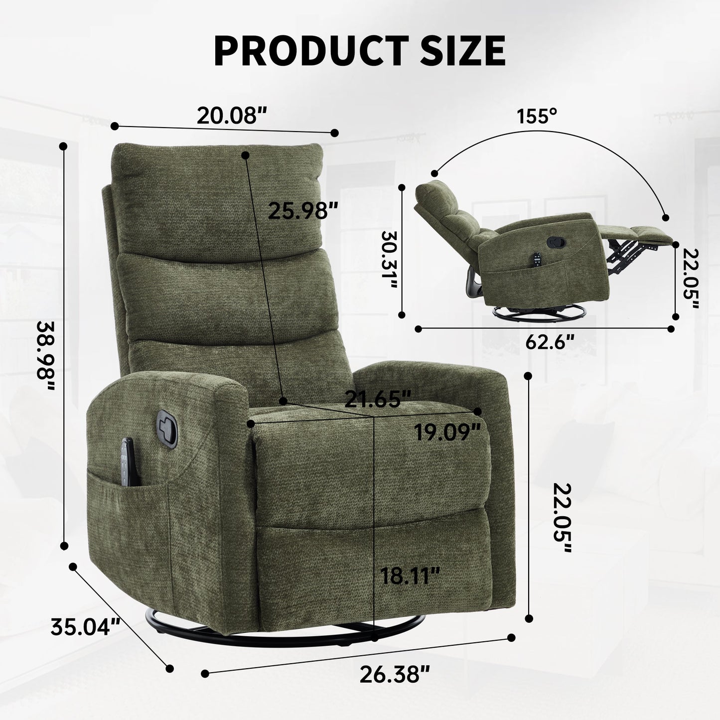 Heat Massage Manual Recliner Chair with Rocker and Swivel in Fabric for Living Room, Green - 1st Choice Furniture Direct