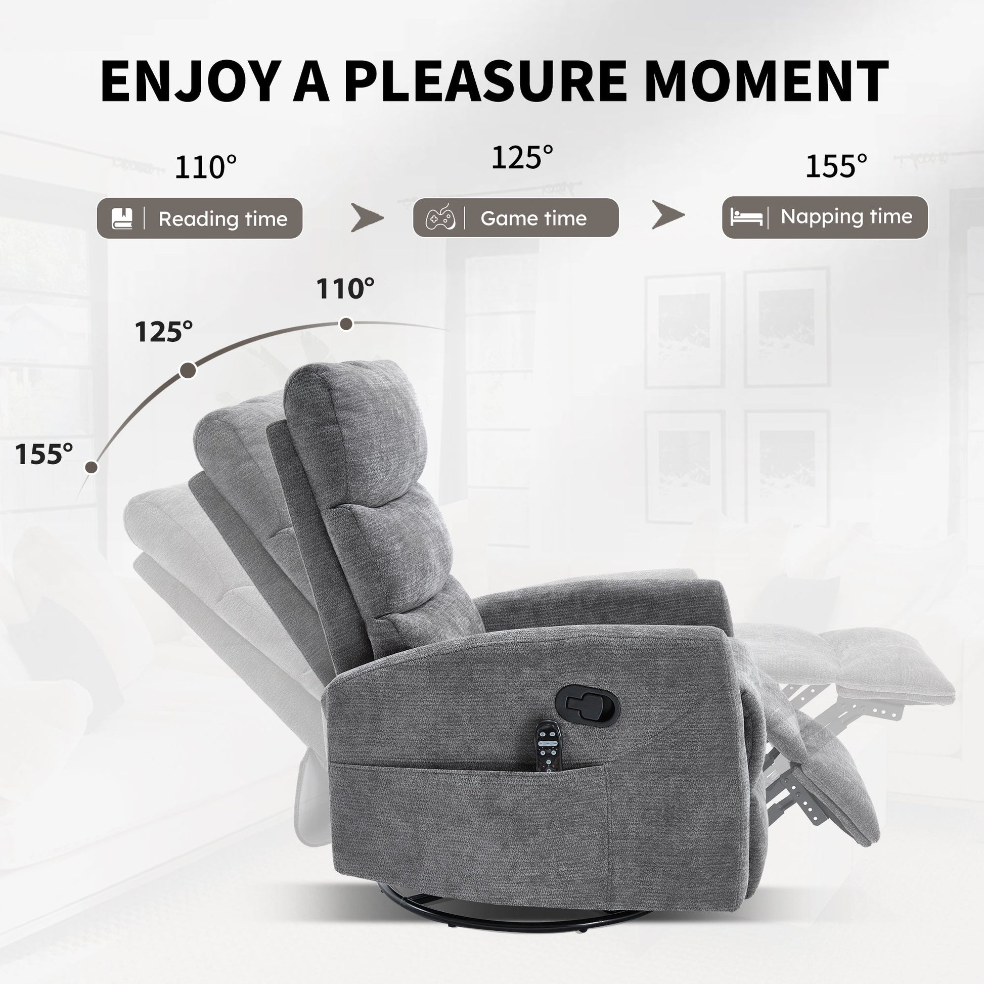 Heat Massage Manual Recliner Chair with Rocker and Swivel in Fabric for Living Room, GREY - 1st Choice Furniture Direct