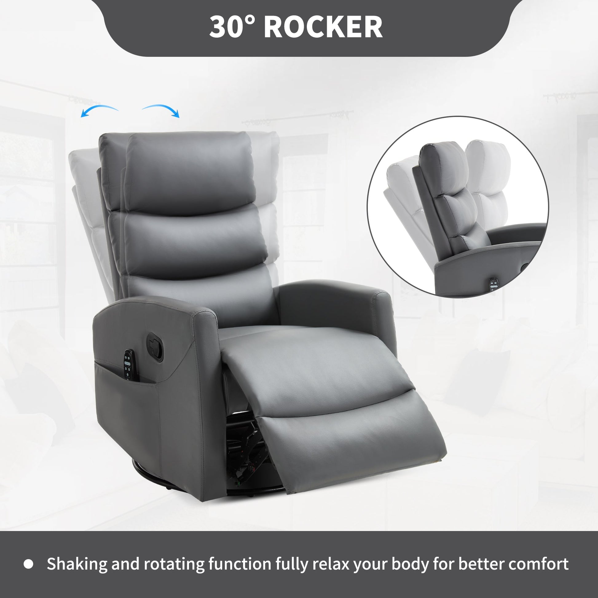 Heat Massage Manual Recliner Chair with Rocker and Swivel in Fabric for Living Room, Grey - 1st Choice Furniture Direct