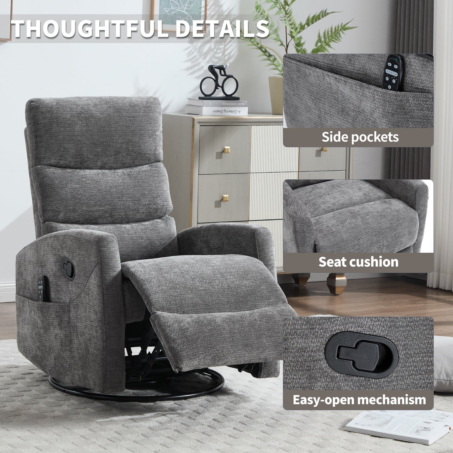 Heat Massage Manual Recliner Chair with Rocker and Swivel in Fabric for Living Room, GREY - 1st Choice Furniture Direct