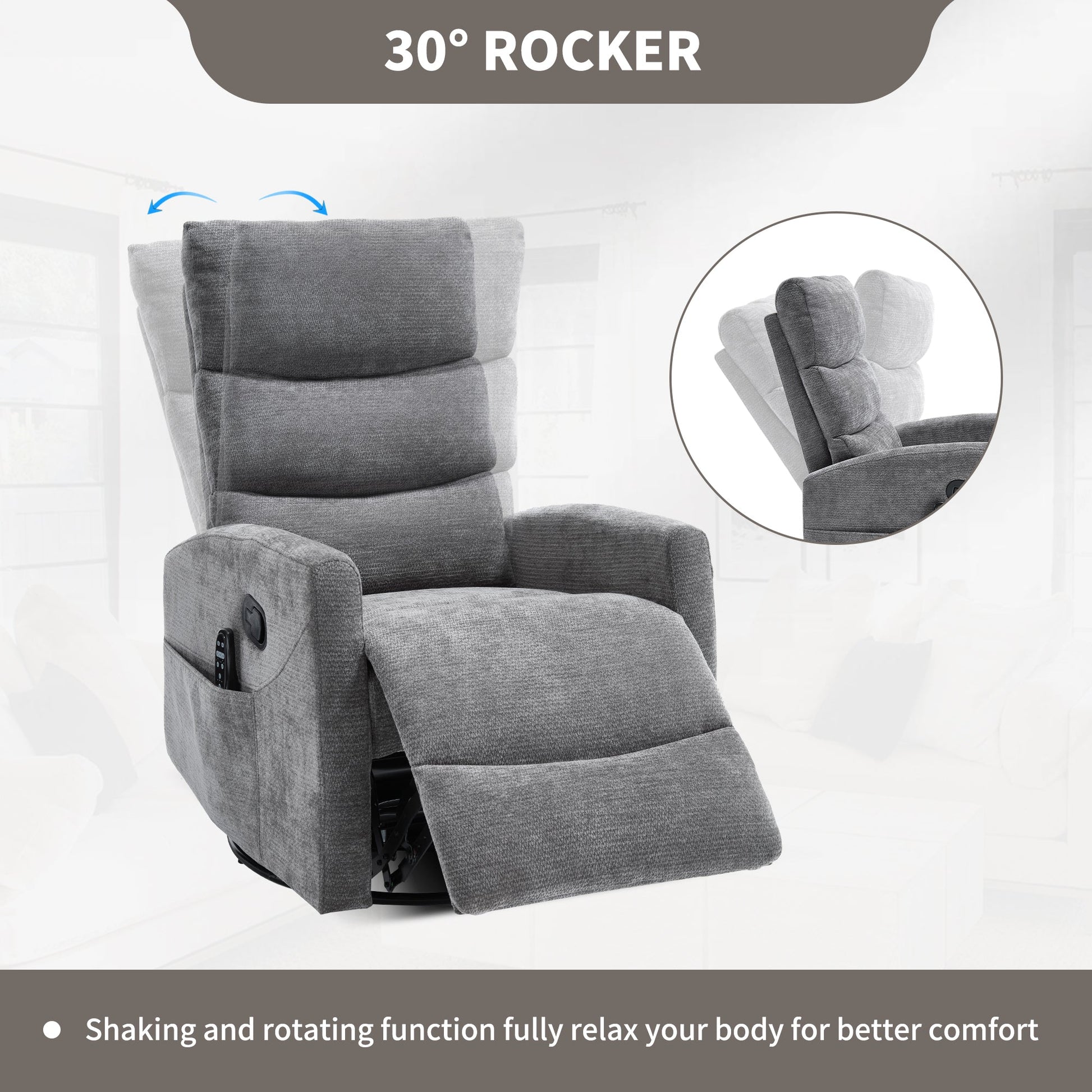 Heat Massage Manual Recliner Chair with Rocker and Swivel in Fabric for Living Room, GREY - 1st Choice Furniture Direct