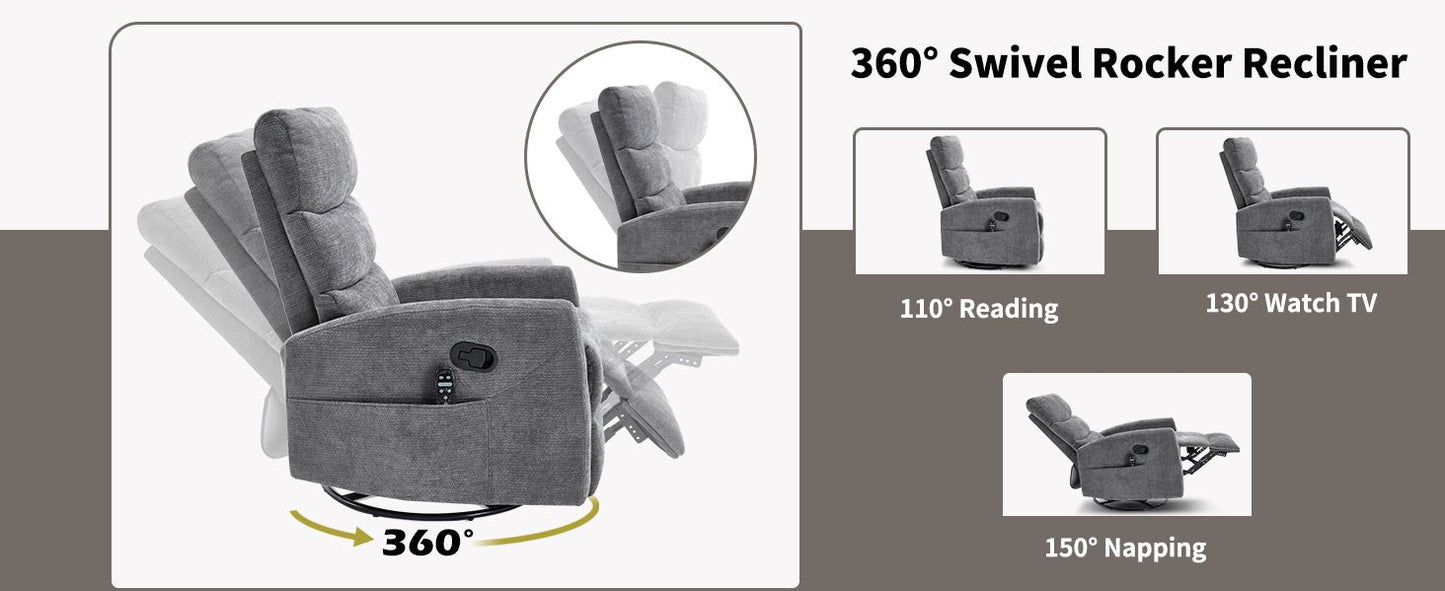 Heat Massage Manual Recliner Chair with Rocker and Swivel in Fabric for Living Room, GREY - 1st Choice Furniture Direct