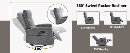 Heat Massage Manual Recliner Chair with Rocker and Swivel in Fabric for Living Room, GREY - 1st Choice Furniture Direct