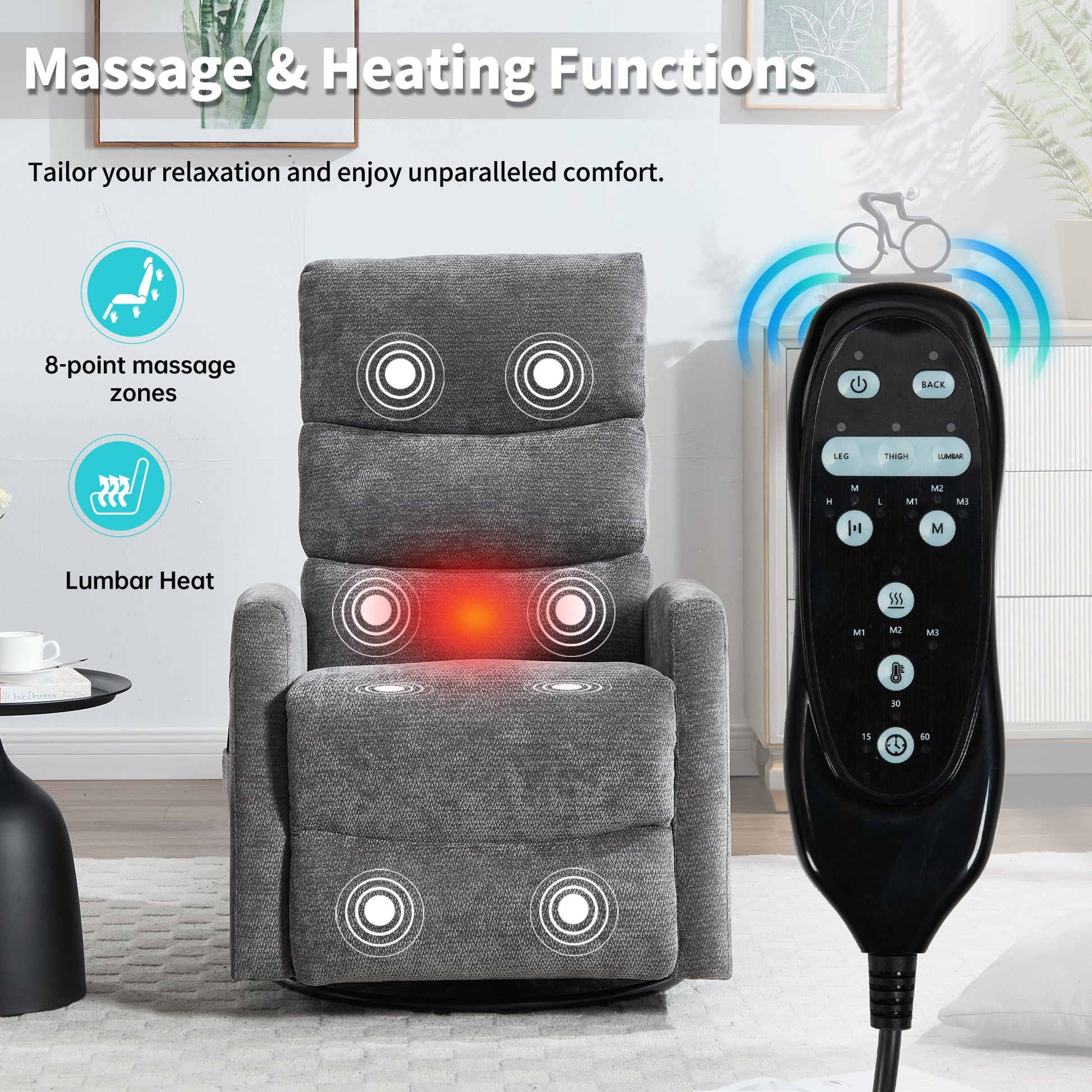 Heat Massage Manual Recliner Chair with Rocker and Swivel in Fabric for Living Room, GREY - 1st Choice Furniture Direct