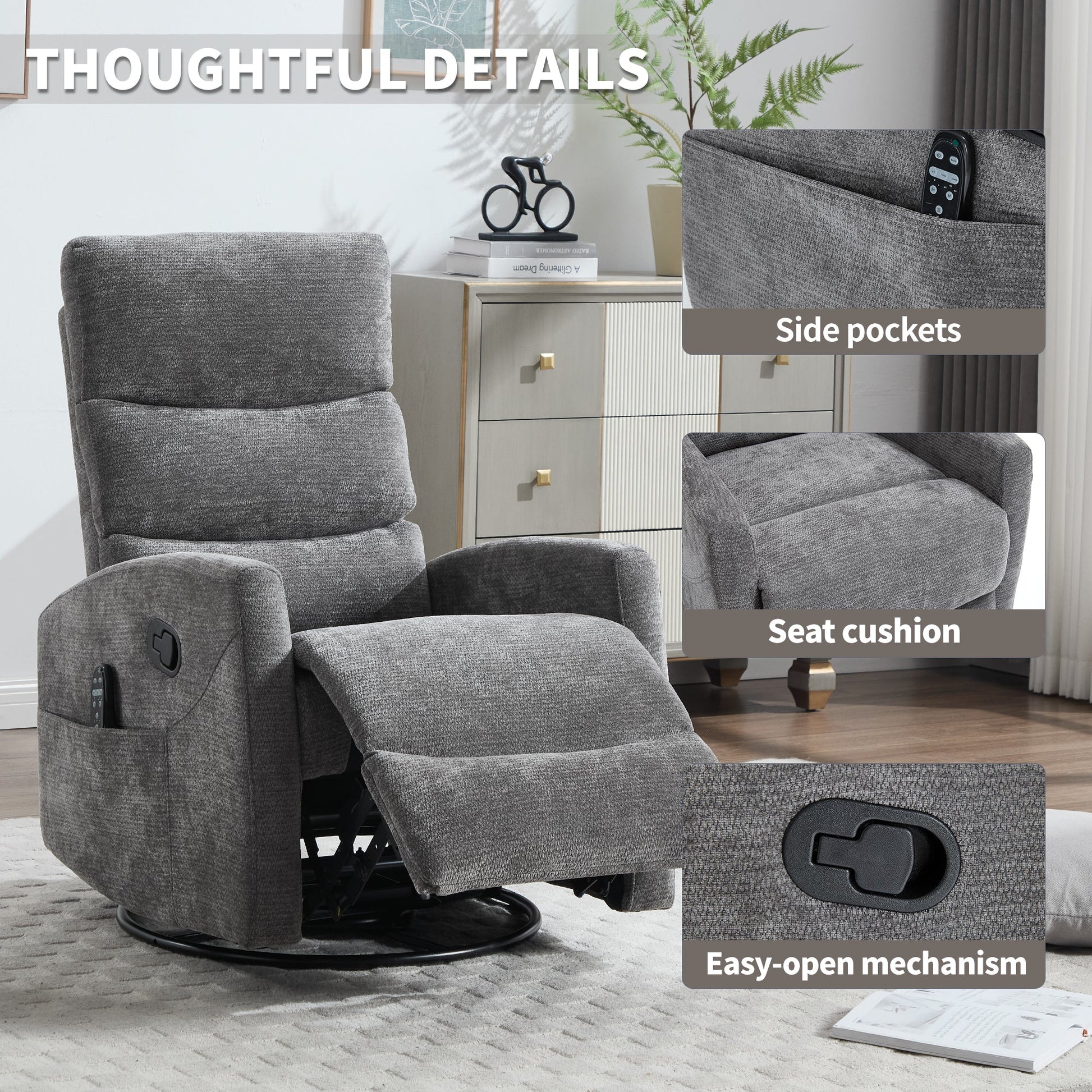 Heat Massage Manual Recliner Chair with Rocker and Swivel in Fabric for Living Room, GREY - 1st Choice Furniture Direct