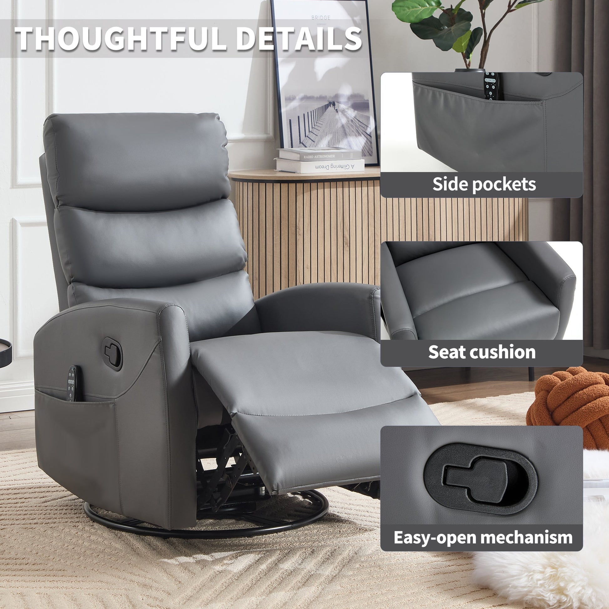 Heat Massage Manual Recliner Chair with Rocker and Swivel in Fabric for Living Room, Grey - 1st Choice Furniture Direct