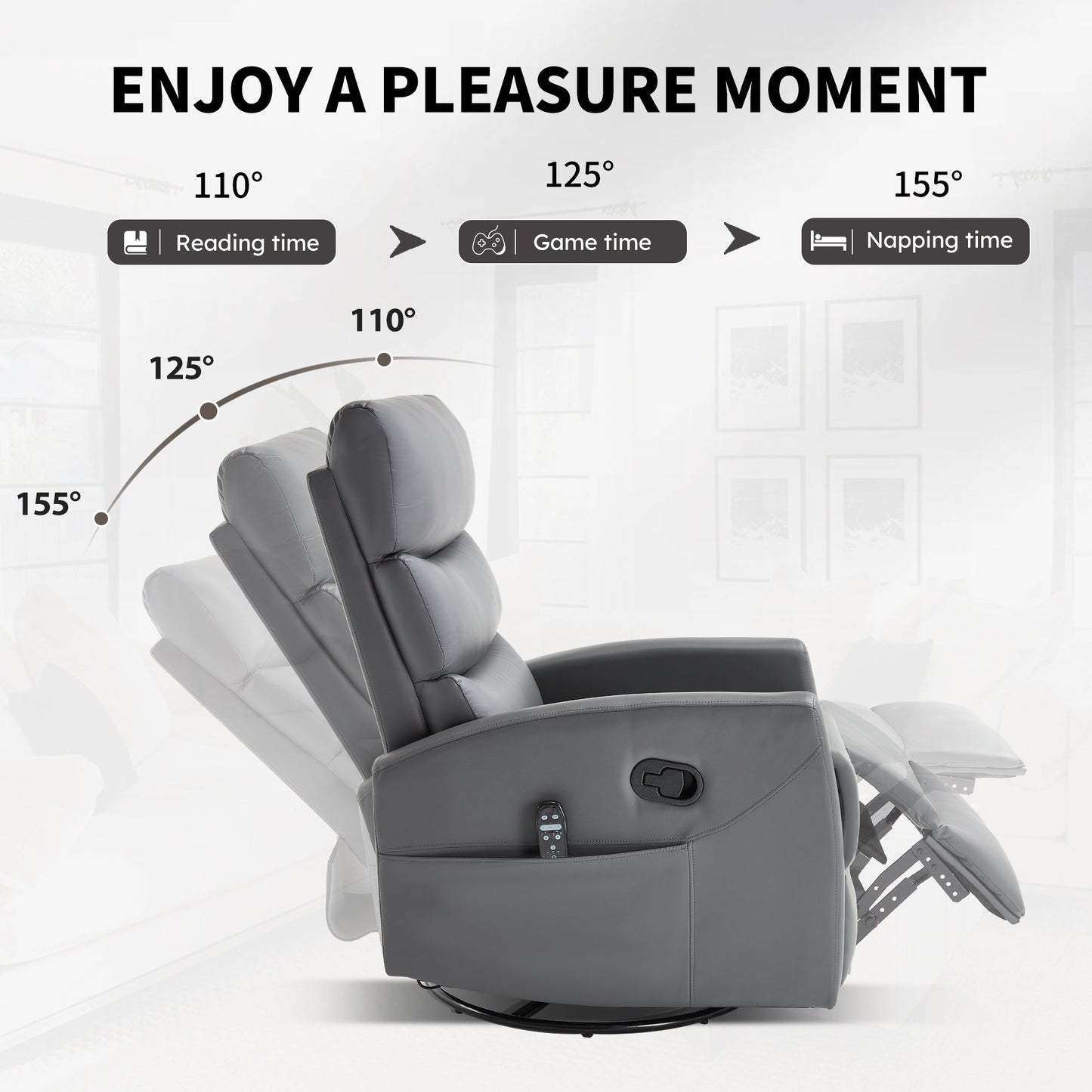 Heat Massage Manual Recliner Chair with Rocker and Swivel in Fabric for Living Room, Grey - 1st Choice Furniture Direct