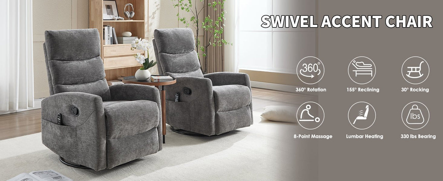 Heat Massage Manual Recliner Chair with Rocker and Swivel in Fabric for Living Room, GREY - 1st Choice Furniture Direct