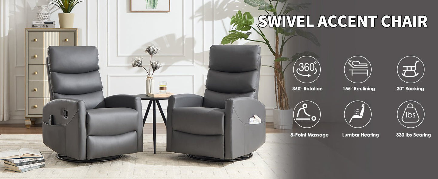 Heat Massage Manual Recliner Chair with Rocker and Swivel in Fabric for Living Room, Grey - 1st Choice Furniture Direct