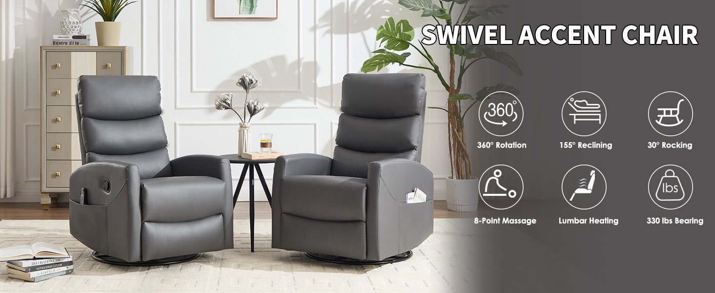 Heat Massage Manual Recliner Chair with Rocker and Swivel in Fabric for Living Room, Grey - 1st Choice Furniture Direct