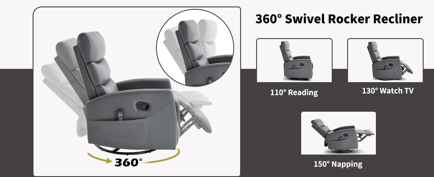 Heat Massage Manual Recliner Chair with Rocker and Swivel in Fabric for Living Room, Grey - 1st Choice Furniture Direct