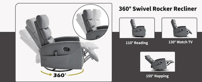 Heat Massage Manual Recliner Chair with Rocker and Swivel in Fabric for Living Room, Grey - 1st Choice Furniture Direct