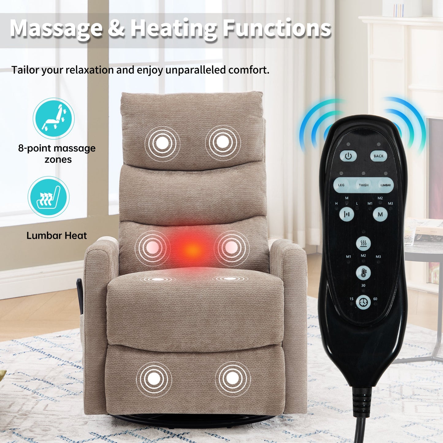 Heat Massage Manual Recliner Chair with Rocker and Swivel in Fabric for Living Room, Khaki - 1st Choice Furniture Direct