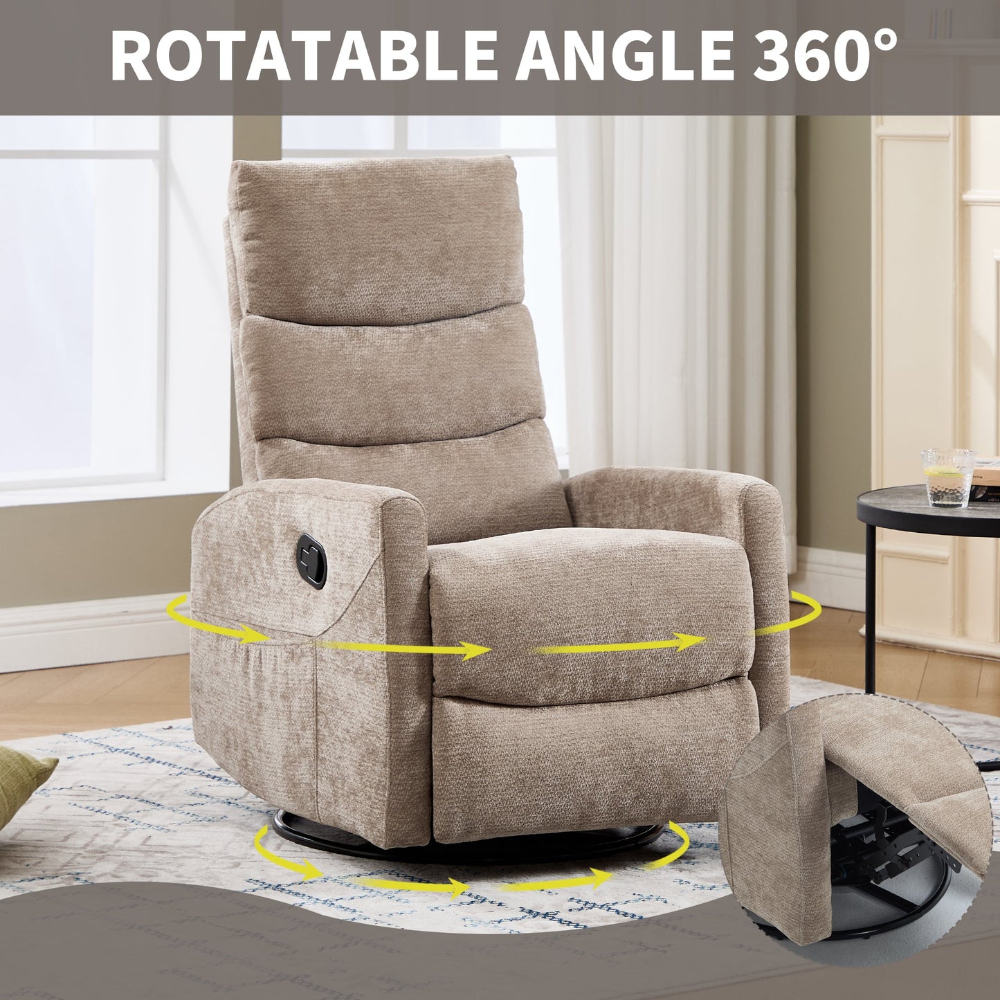 Heat Massage Manual Recliner Chair with Rocker and Swivel in Fabric for Living Room, Khaki - 1st Choice Furniture Direct