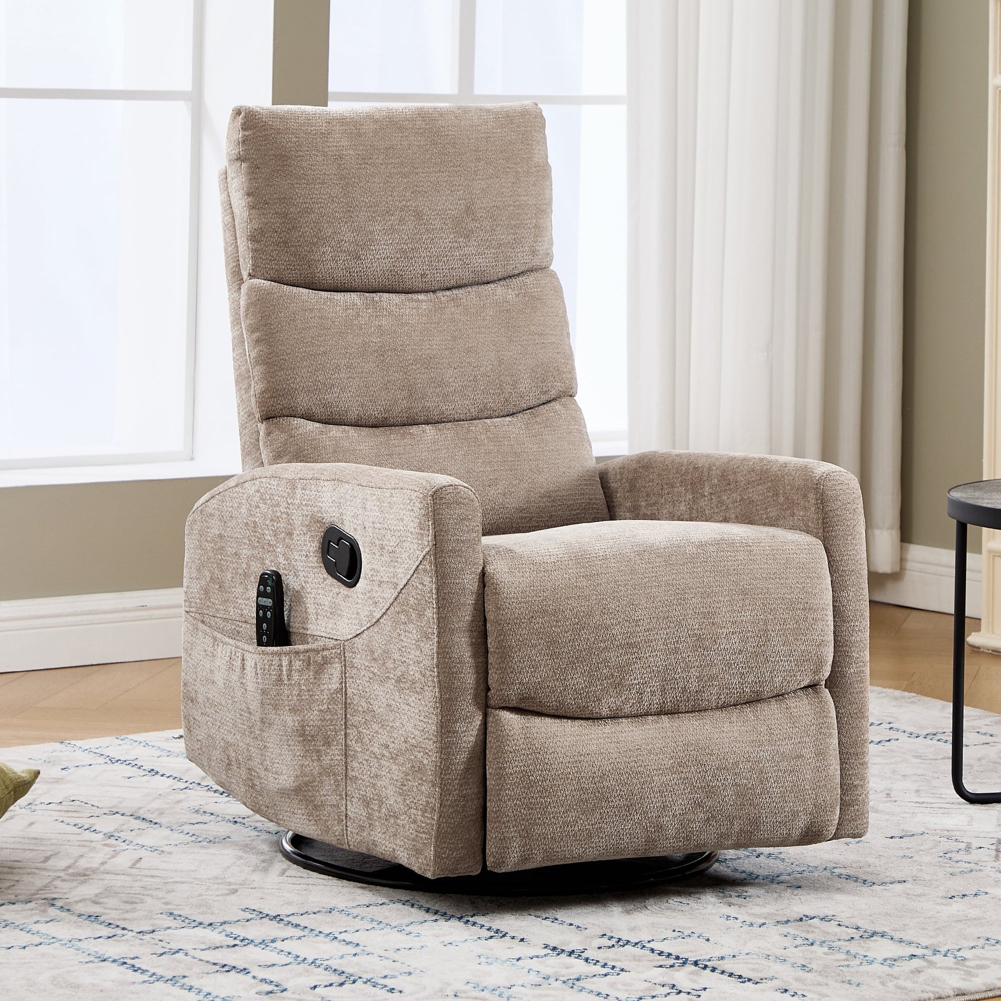 Heat Massage Manual Recliner Chair with Rocker and Swivel in Fabric for Living Room, Khaki - 1st Choice Furniture Direct