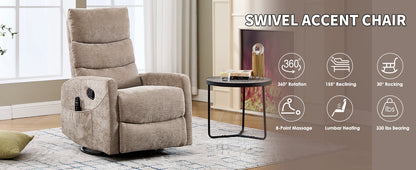 Heat Massage Manual Recliner Chair with Rocker and Swivel in Fabric for Living Room, Khaki - 1st Choice Furniture Direct