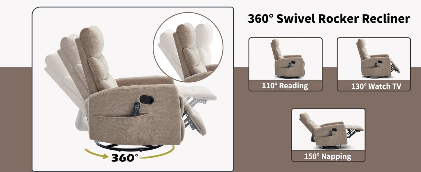 Heat Massage Manual Recliner Chair with Rocker and Swivel in Fabric for Living Room, Khaki - 1st Choice Furniture Direct
