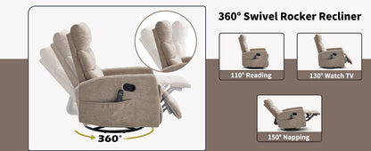 Heat Massage Manual Recliner Chair with Rocker and Swivel in Fabric for Living Room, Khaki - 1st Choice Furniture Direct